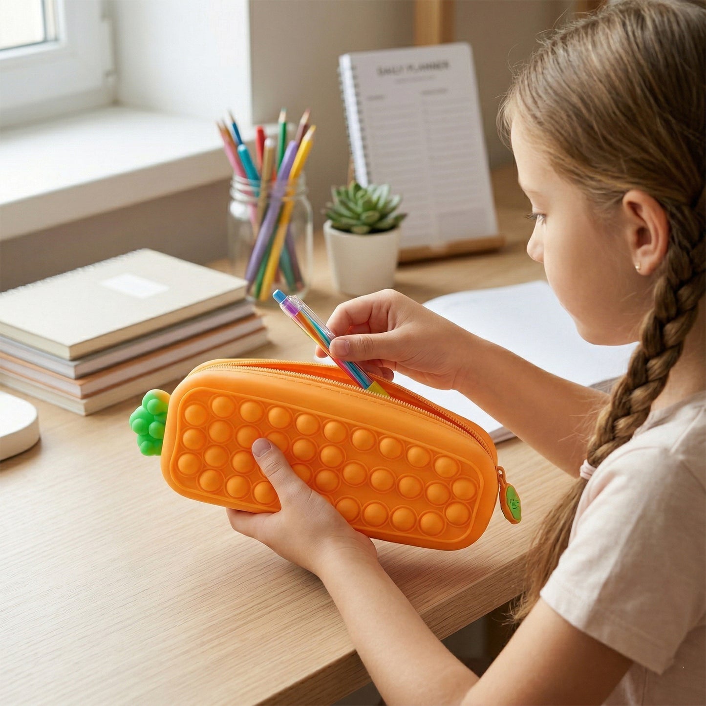 Silicone Pop It pencil pouch open with stationery inside