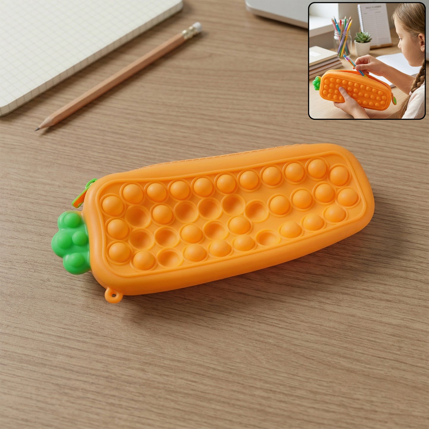 Pop It silicone pencil pouch with zipper - carrot design