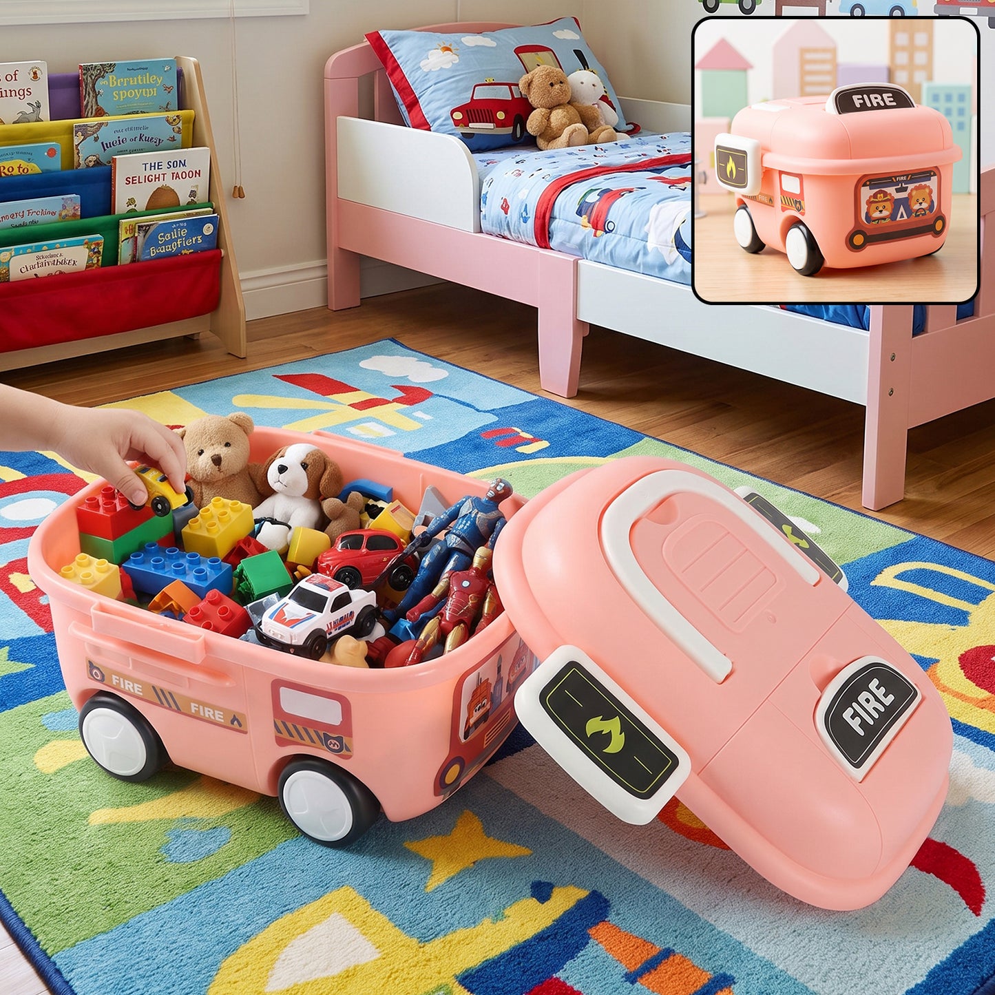 Fire Truck Kids Toy Storage Box with Lid and Wheels for Bedroom (1 Pc)