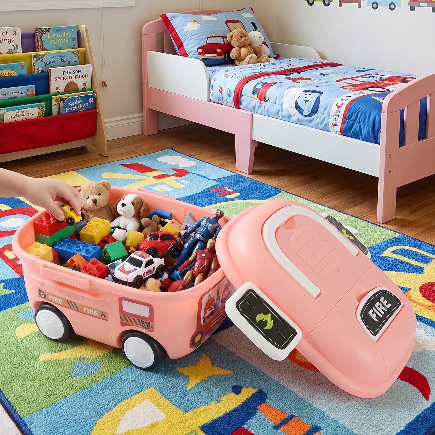 Fire Truck Kids Toy Storage Box with Lid and Wheels for Bedroom (1 Pc)