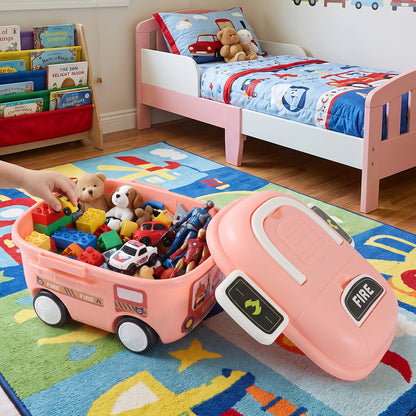 Fire Truck Kids Toy Storage Box with Lid and Wheels for Bedroom (1 Pc)