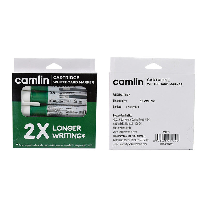 Camlin Cartridge Whiteboard Marker – Green Color Long-Lasting Writing Refillable Markers (Pack of 5)