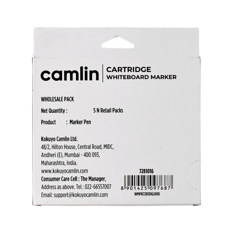 Camlin Cartridge Whiteboard Marker – Black Color Long-Lasting Writing Refillable Markers (Pack of 5)