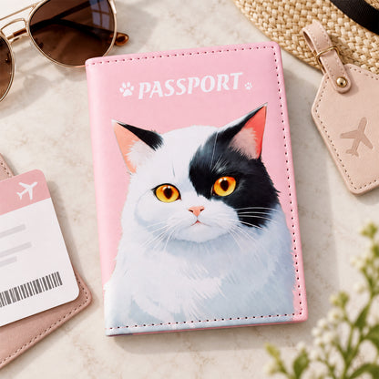 The pink passport holder with a cat illustration rests on a surface with sunglasses, a straw hat, and a luggage tag.