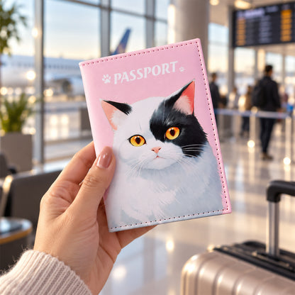 A hand holds the pink passport holder with a cat illustration in an airport setting, with a suitcase and airplane visible.