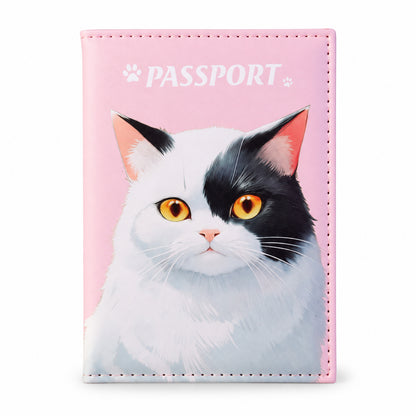 The pink passport holder, closed, features a prominent graphic of a white and black cat with striking amber eyes.