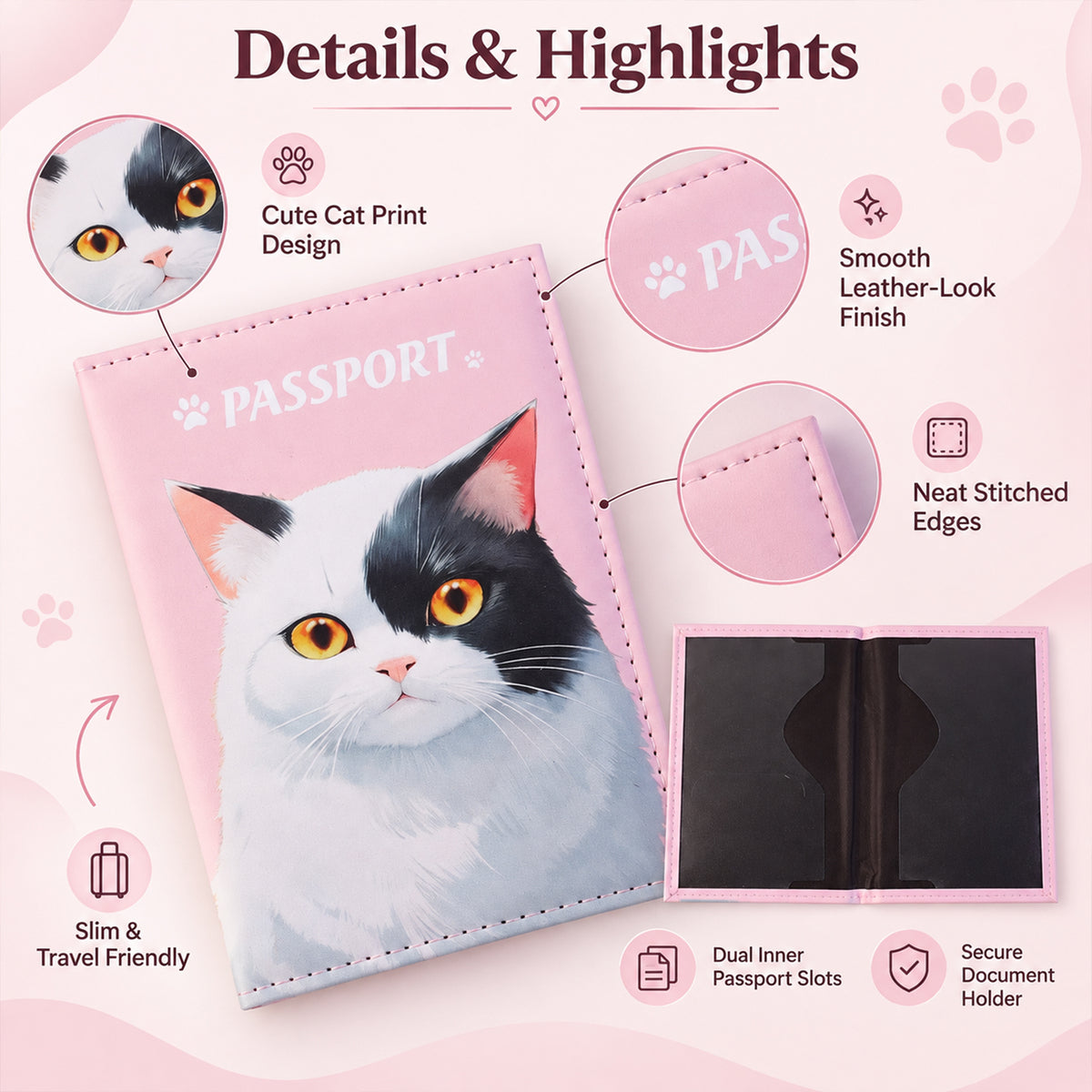 An infographic displays the pink passport holder with a cat design, highlighting its features like leather-look finish and