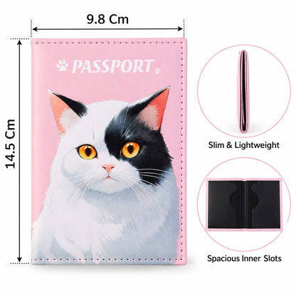 The pink passport holder with a cat illustration is shown with its dimensions, a slim side view, and an open view of its