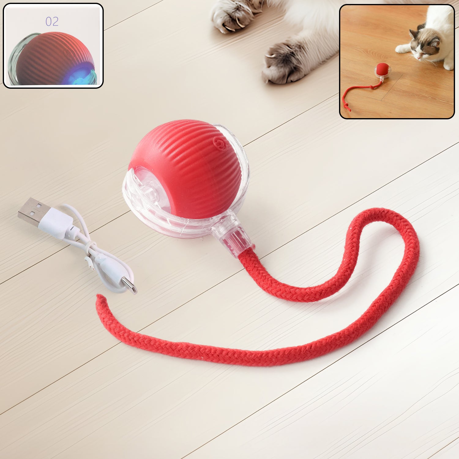 Rechargeable Interactive Cat Toy Ball with Detachable Braided Tail and LED Light (1 Pc)
