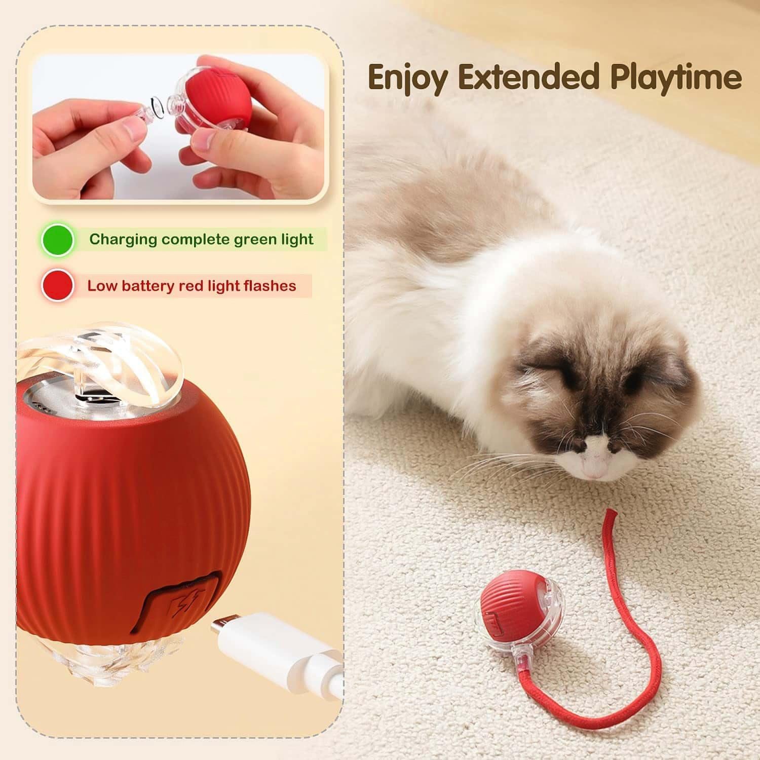 Rechargeable Interactive Cat Toy Ball with Detachable Braided Tail and LED Light (1 Pc)