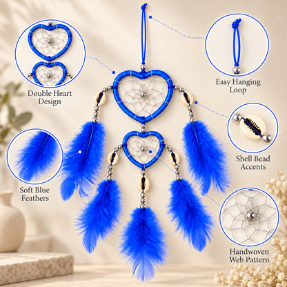 The blue heart-shaped dream catcher displayed with callouts highlighting its double heart design, soft blue feathers, easy