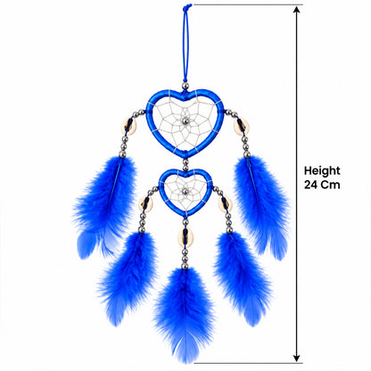 The blue heart-shaped dream catcher with a black arrow indicating its height of 24 cm on a white background.