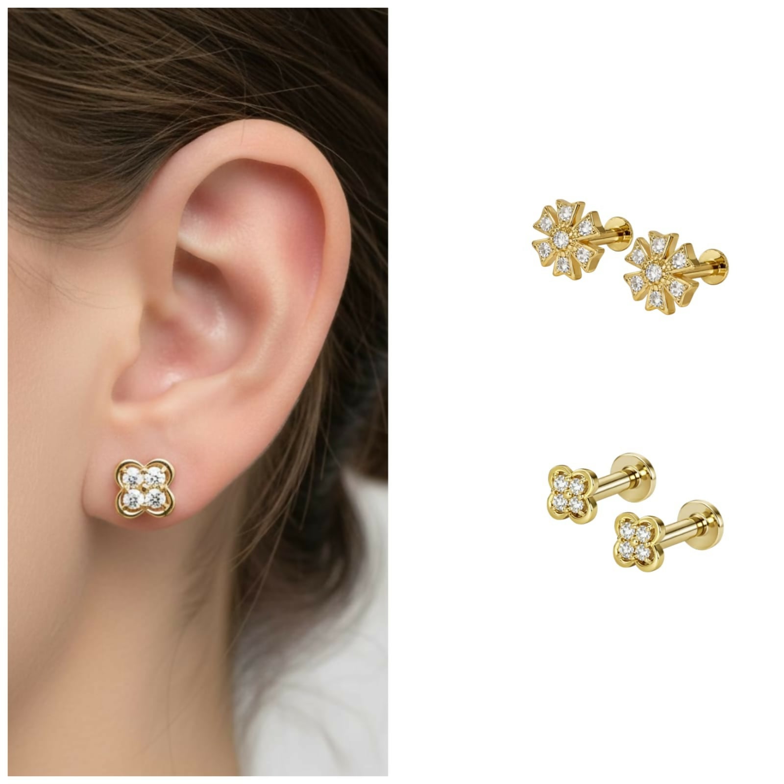 Close-up of gold pleated floral stud earrings featuring geometric starburst pattern