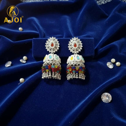 Heirloom-Inspired Silver Kundan Jhumka Earrings with Multicolor Bead Tassels & Pearl Accents