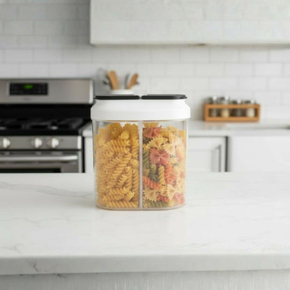 Transparent dual compartment container storing rice & lentils