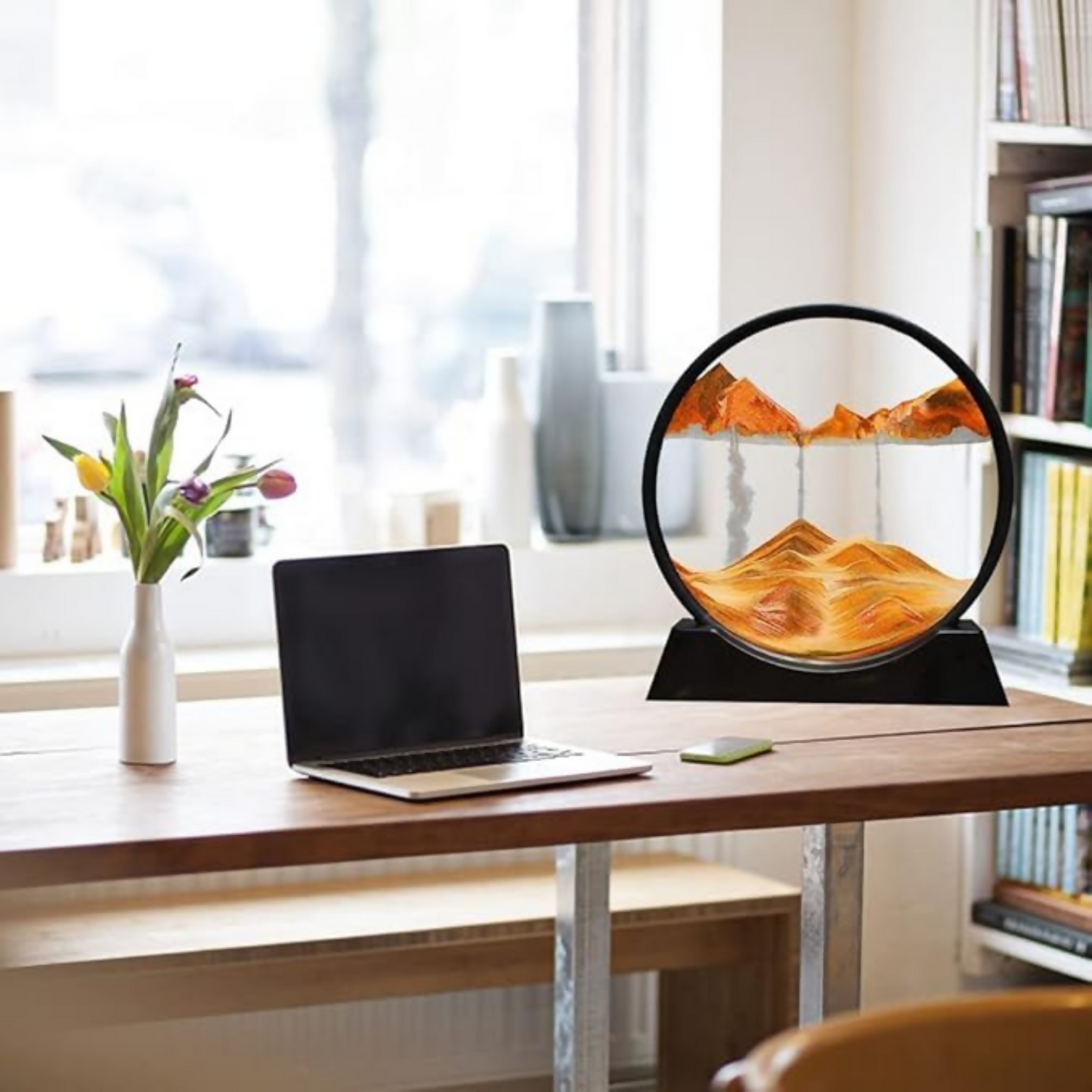 Premium Round Rotating Moving Sand Art Frame for Home & Office Décor | Mesmerizing Flowing Sand Picture with Durable Black Stand | Relaxing Desktop Showpiece for Living Room, Bedroom & Work Desk | Luxury Motion Art Gift for All Occasions