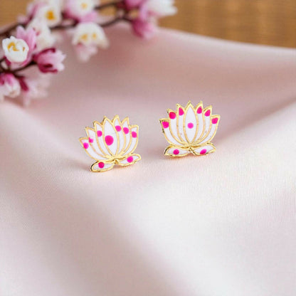 Delicate Lotus Design Necklace Set with Pink and White Enamel