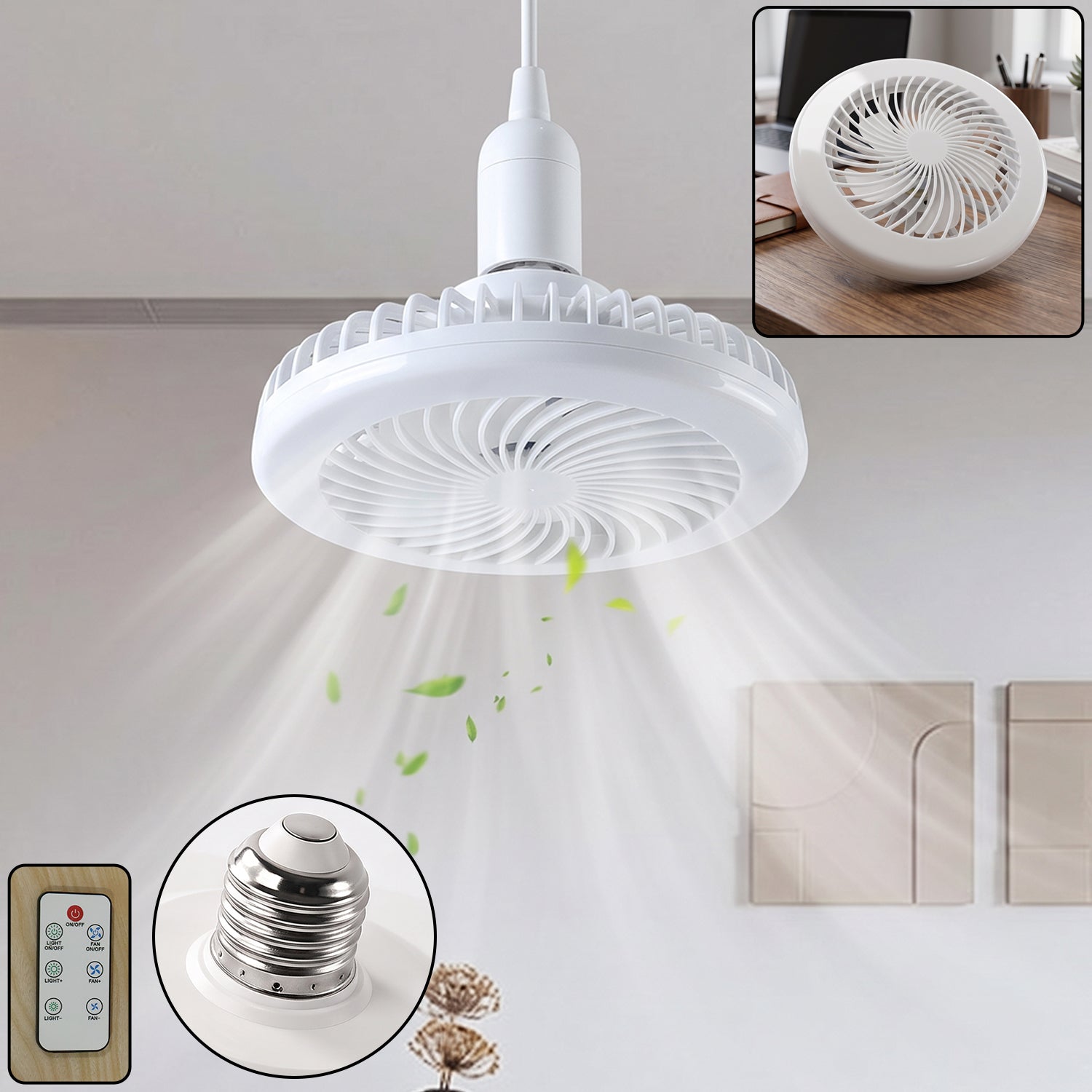 Remote Control Ceiling Fan with Light, E27 Socket LED Lamp Fan for Home (1 Set)
