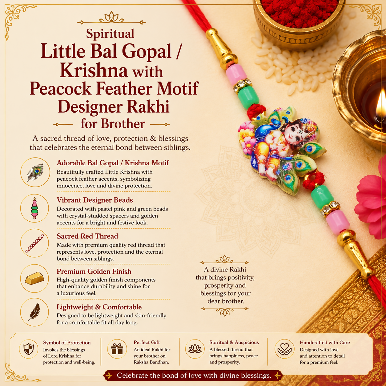 A Rakhi with a Krishna and peacock feather motif is shown next to a detailed description of its features and significance.