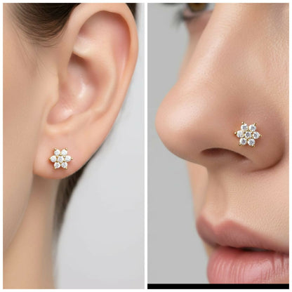 Gold plated crystal flower stud earrings displayed on white background