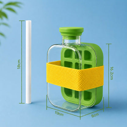 Leakproof Ice Cube Tray Bottle with Straw & Silicone Sleeve