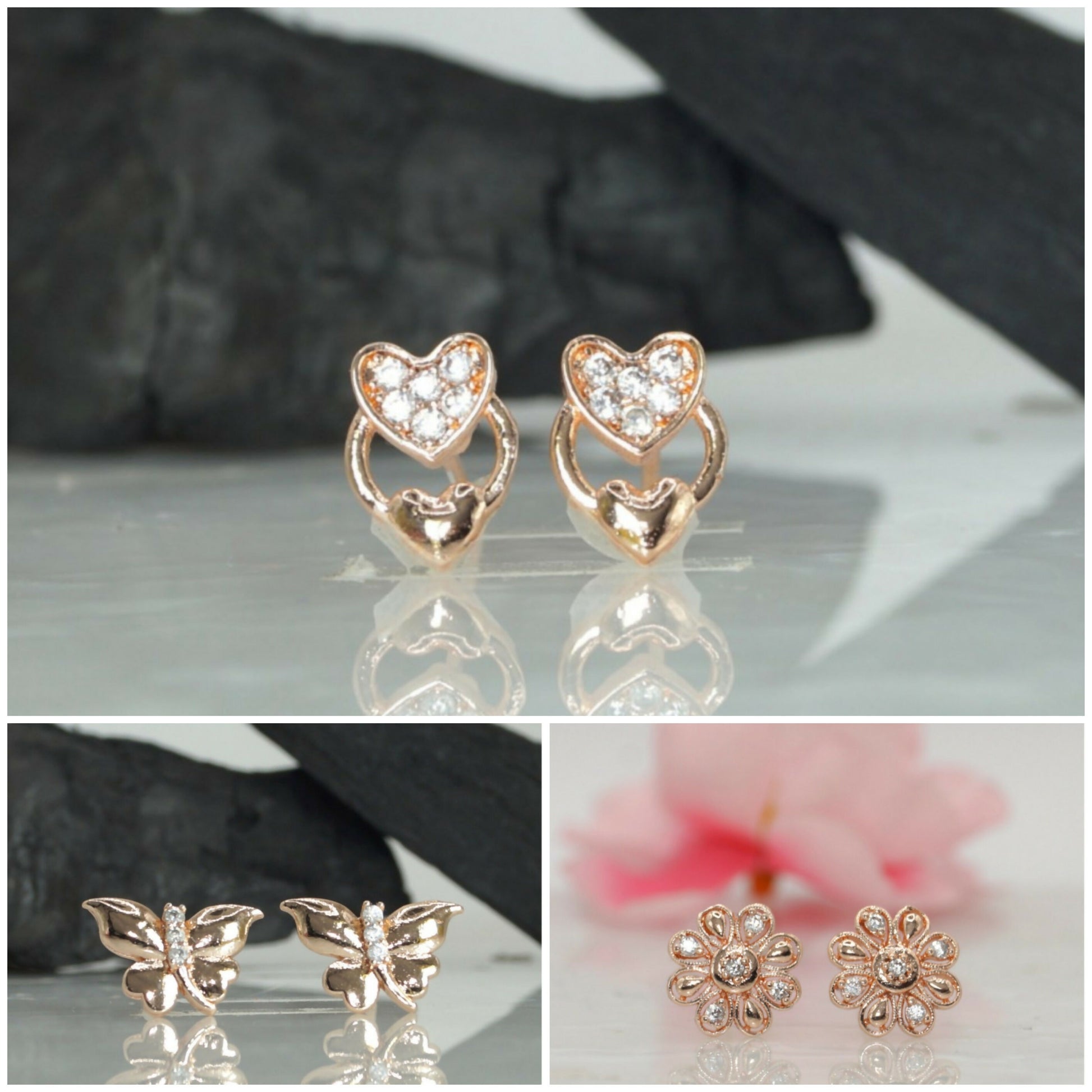 Rose Gold Plated AD Diamond Studs: Heart, Butterfly & Flower for women and girls Combo Pack of 3