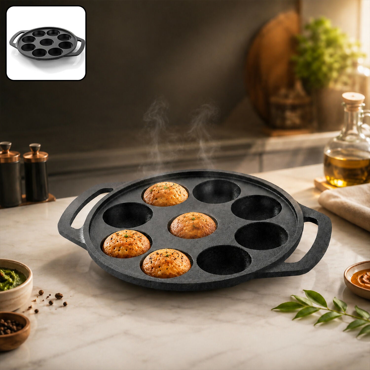 Heavy duty cast iron appam patra with dual side handles