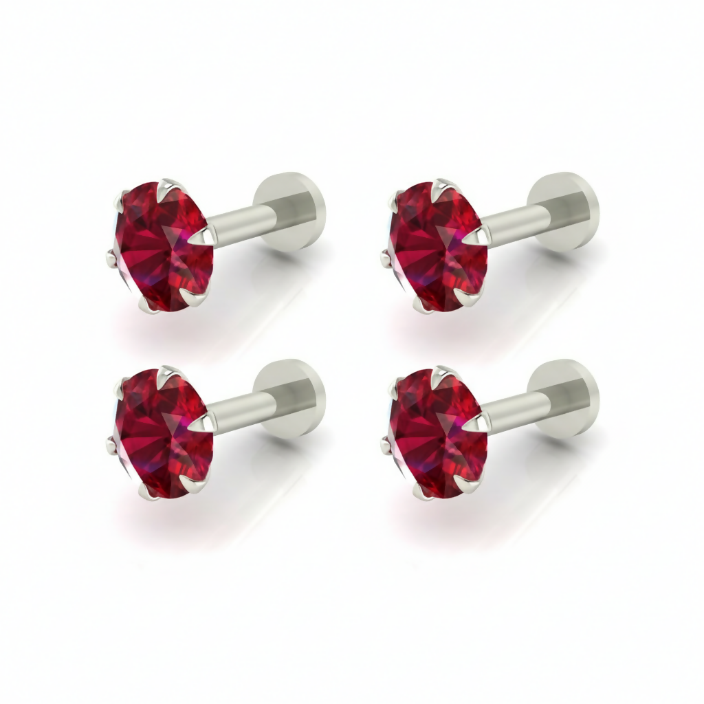 Flat back design detail of ruby red crystal silver labret stud