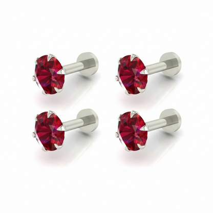Flat back design detail of ruby red crystal silver labret stud