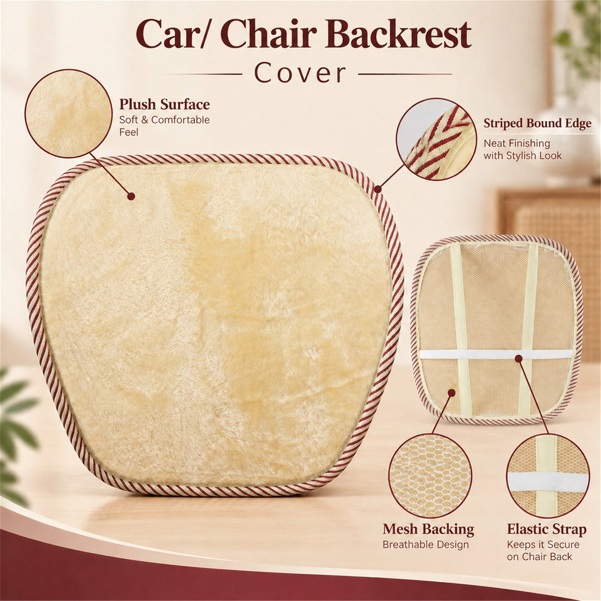 Car Seat Backrest Cover with Mesh Backing and Elastic Strap (1 Pc, 43 x 40 Cm)