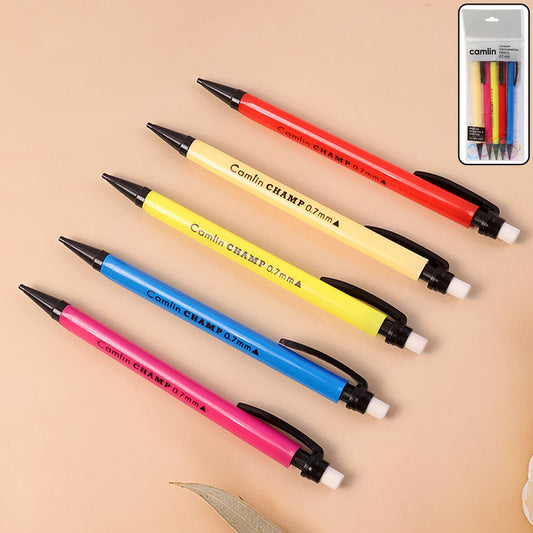 Camlin Champ Mechanical Pencil 0.7 mm – Smooth Writing Pencils with Eraser & Clip (Assorted Colours, 5Pc Pack)