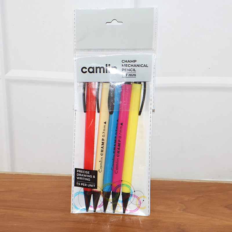 Camlin Champ Mechanical Pencil 0.7 mm – Smooth Writing Pencils with Eraser & Clip (Assorted Colours, 5Pc Pack)