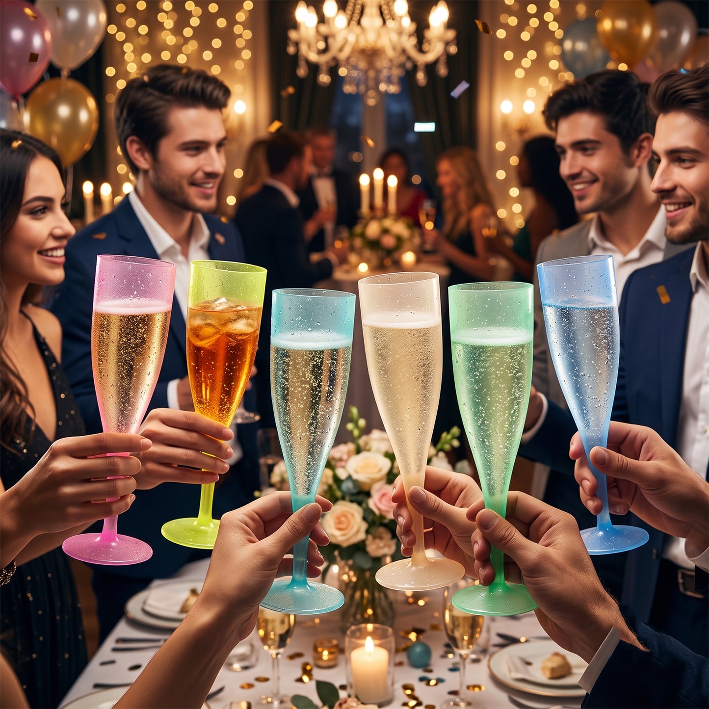 Reusable Plastic Champagne Flutes Wine Glasses Set Assorted Colours (6 Pc Set)