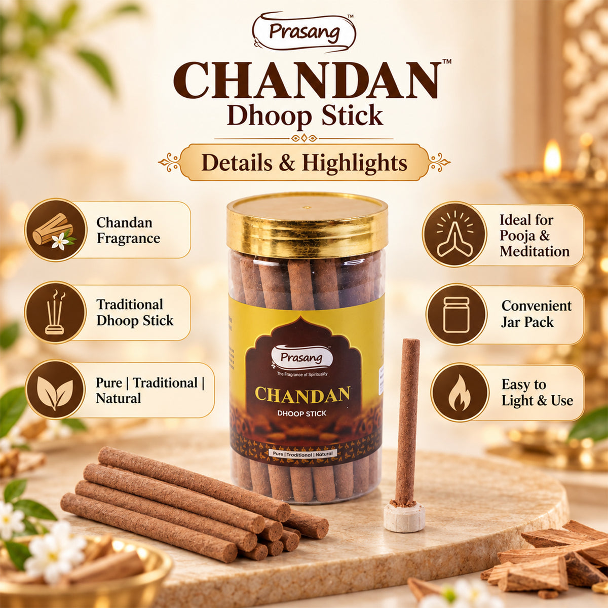Chandan Dhoop Sticks Jar for Daily Puja Prayer and Home Fragrance Use (100 Gm)