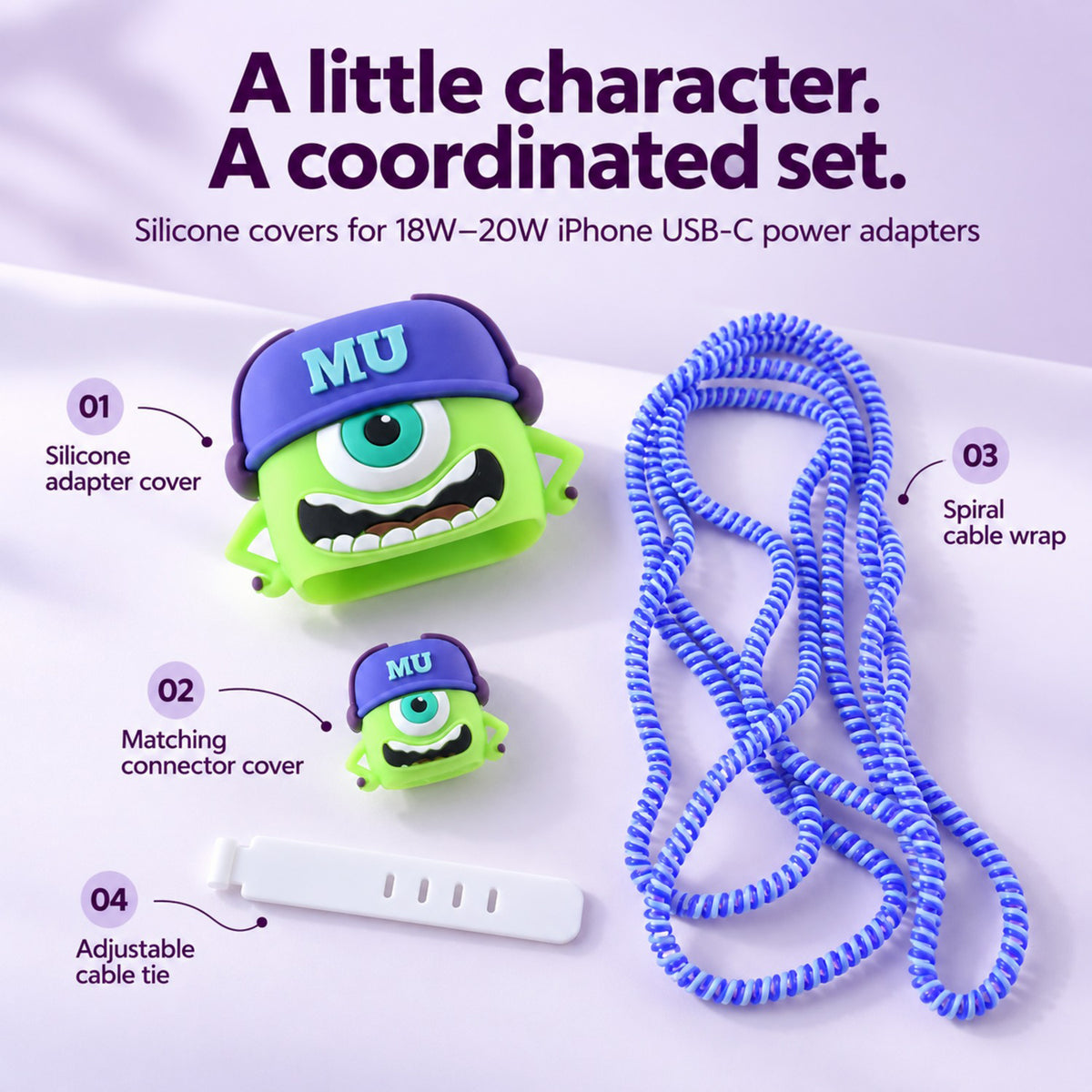 A green Mike Wazowski silicone charger cover, cable protector, blue spiral cable wrap, and white tie on a purple surface.