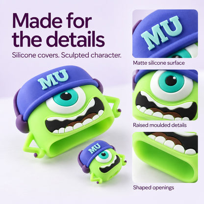 Detailed view of the green Mike Wazowski silicone charger cover showing its matte surface, raised details, and shaped