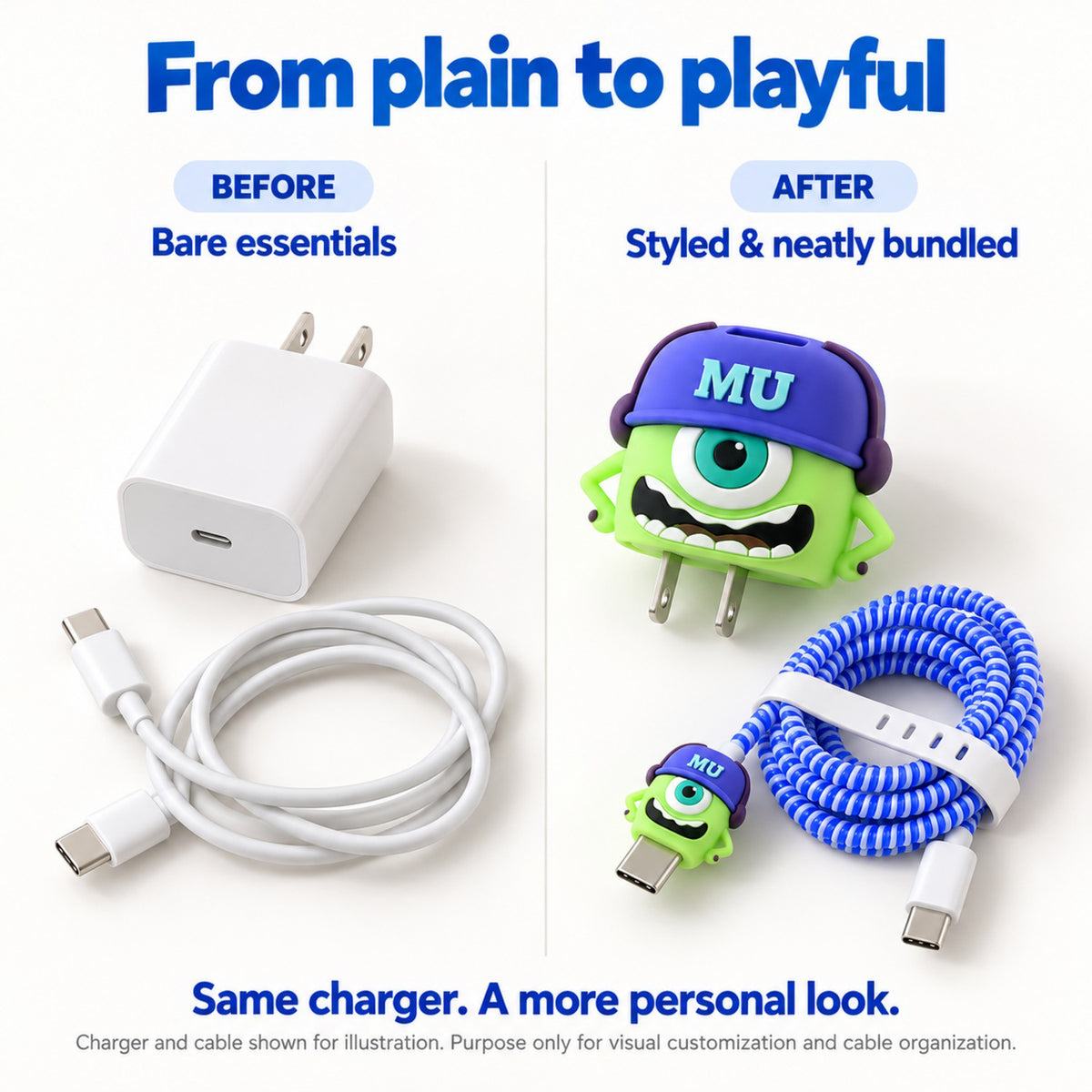 Comparison of a plain white charger and cable next to a styled green Mike Wazowski charger cover and blue cable wrap.