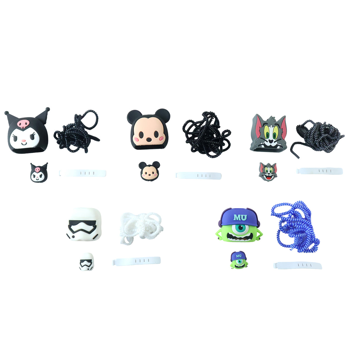 Six sets of silicone charger and cable protectors featuring different cartoon characters against a white background.