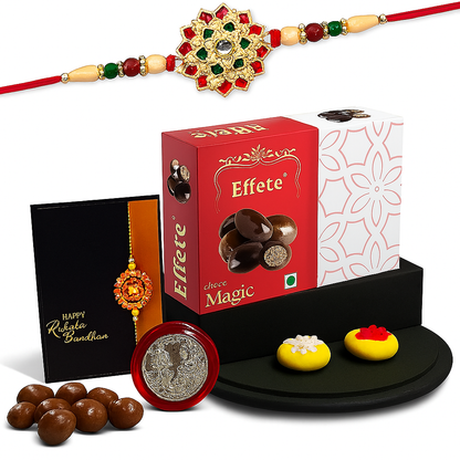 Designer Rakhi with Choco Magic Gift Box and Raksha Bandhan Pooja Thali Set