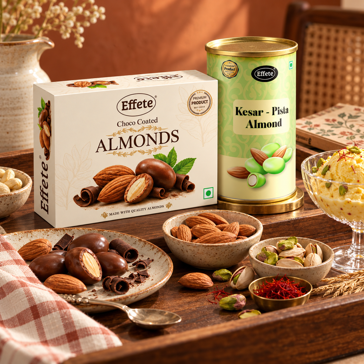 Effete Kesar Pista Almonds with Choco Coated Almonds for Premium Festive Snacking