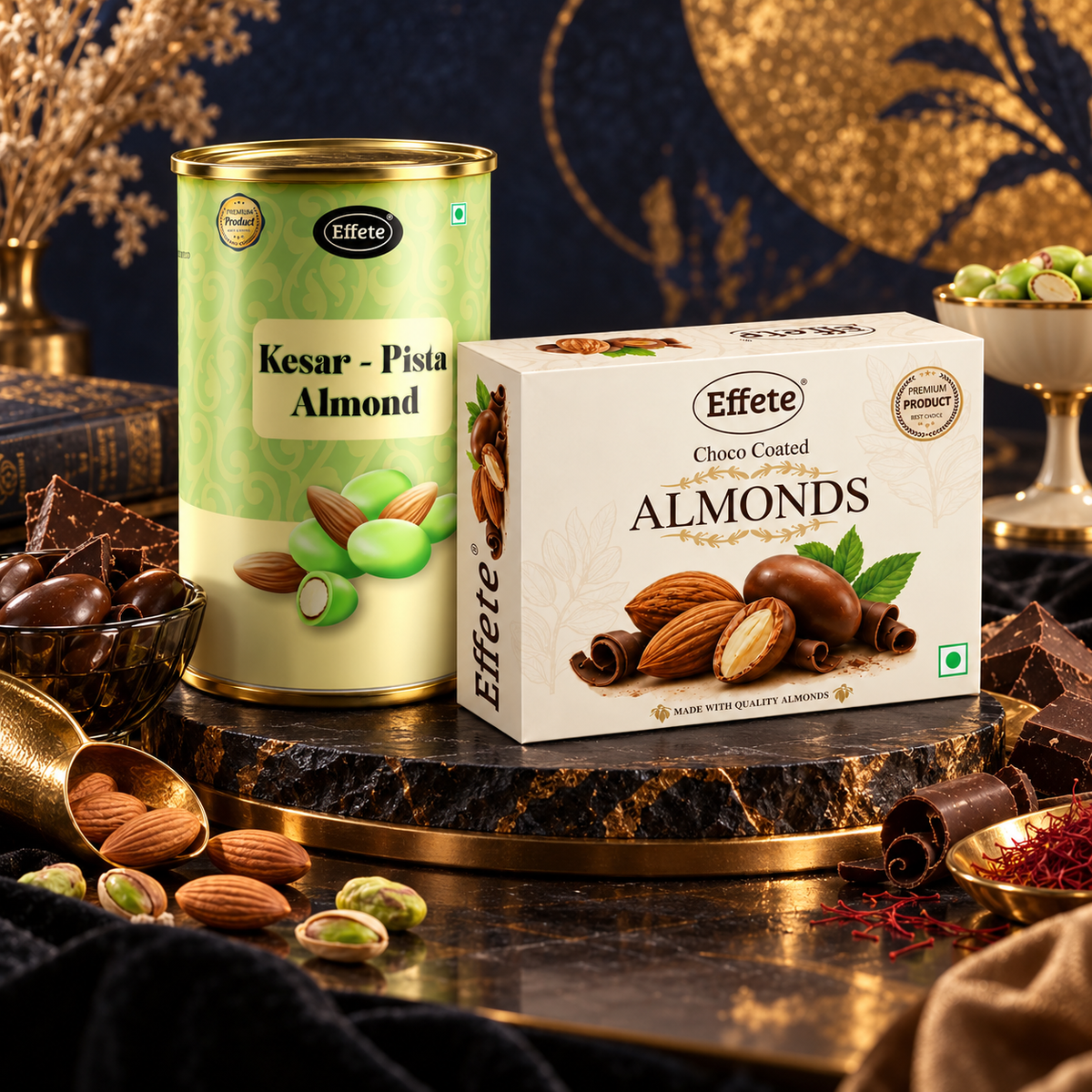Effete Kesar Pista Almonds with Choco Coated Almonds for Premium Festive Snacking