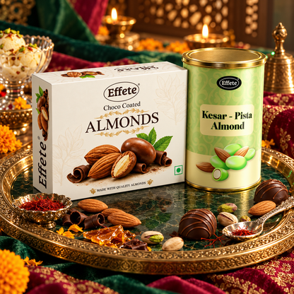 Effete Kesar Pista Almonds with Choco Coated Almonds for Premium Festive Snacking