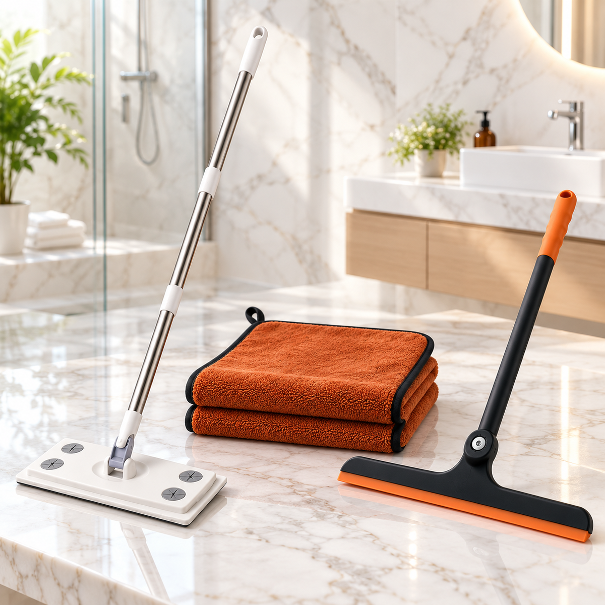 A white flat mop with a silver handle, an orange and black squeegee, and two folded orange microfiber towels sit on a marble