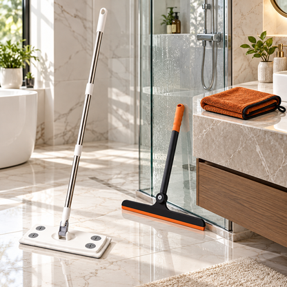 A white flat mop with a silver handle stands beside a black and orange squeegee resting against a glass shower door in a
