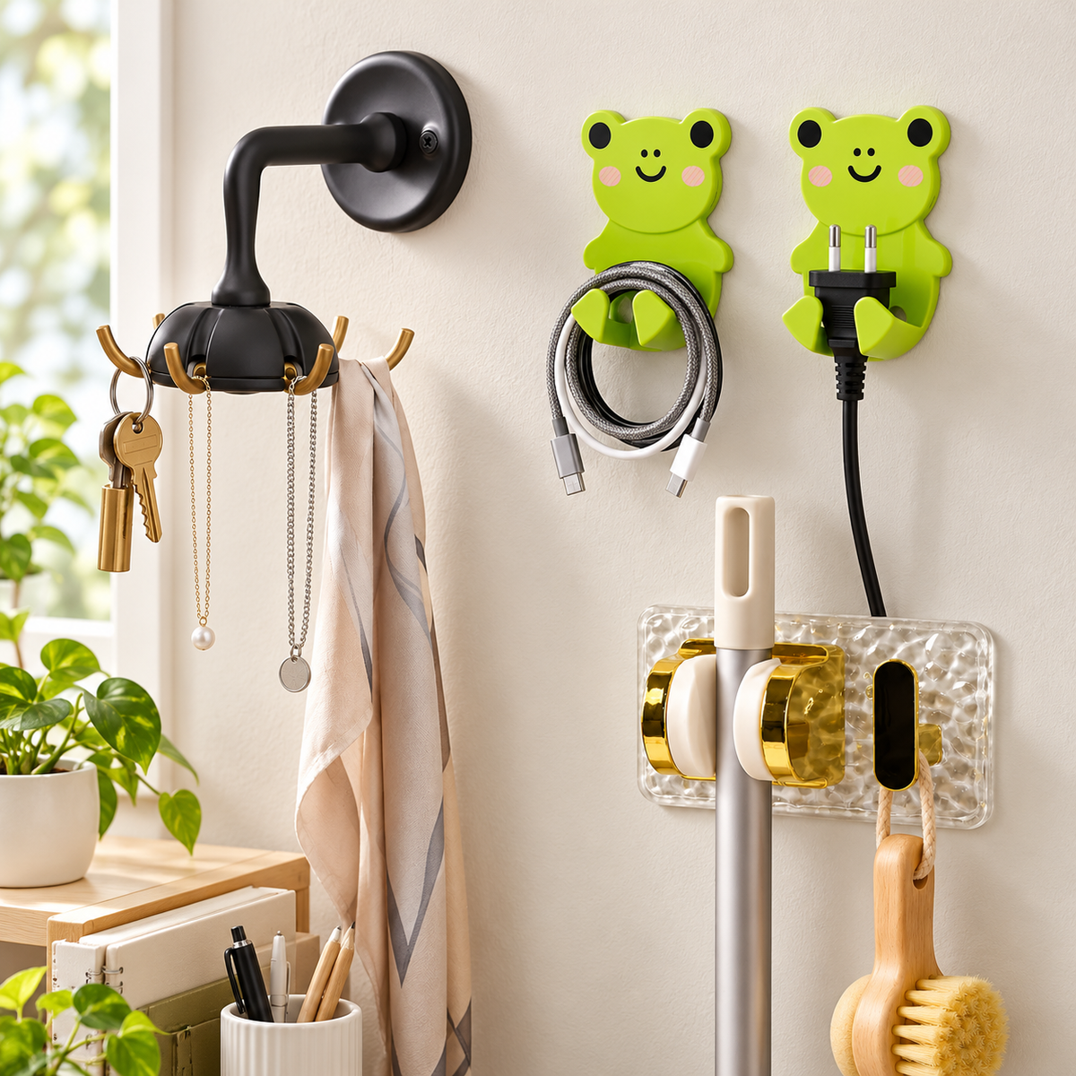 A black wall mount with keys and jewelry, two green frog cable holders, and a gold mop gripper with a brush.