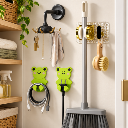 A black six-hook wall mount, two green frog-shaped cable holders, and a clear and gold mop gripper on a wall.