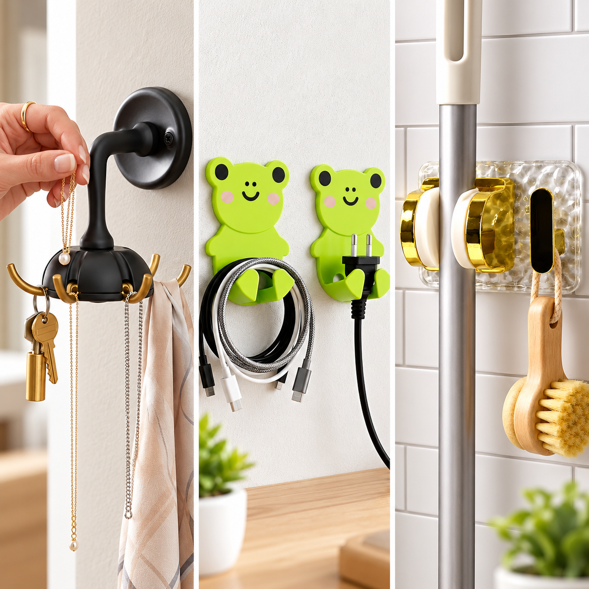 A hand placing a necklace on a black wall hook, two green frog cable holders, and a gold mop gripper with a broom.