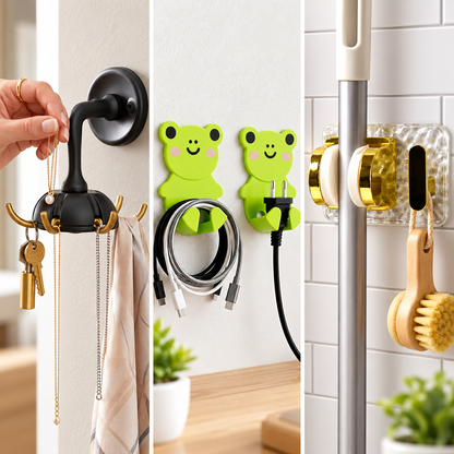 A hand placing a necklace on a black wall hook, two green frog cable holders, and a gold mop gripper with a broom.