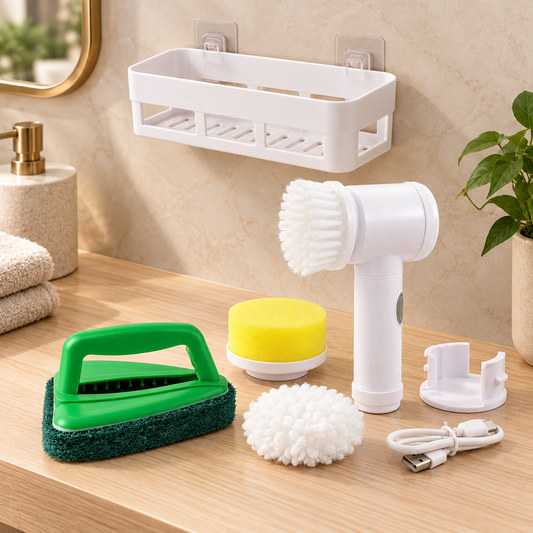 White electric brush, green scrub brush, yellow sponge, and white shelf on a light bathroom counter.