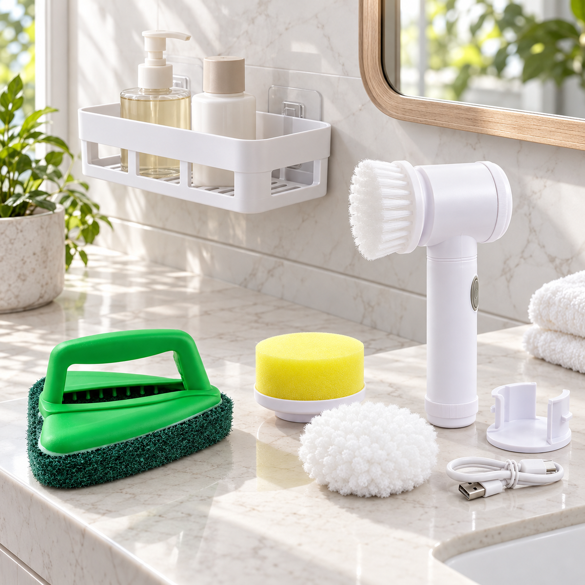 White electric cleaning brush, green scrub brush, yellow sponge, and white shelf on a marble counter.